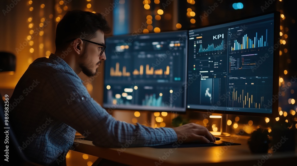 Poster professional analyzing kpi dashboard on dual monitors in modern office with data visualizations and 