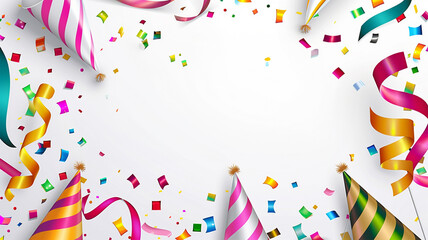 Fototapeta premium Happy birthday greeting frame background. Birthday greeting text with gift box, pennants and party hat decoration elements for invitation card design. illustration card background.
