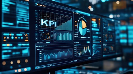 Modern KPI Dashboard Displaying Key Performance Indicators with Graphs and Charts in a High-Tech Business Environment
