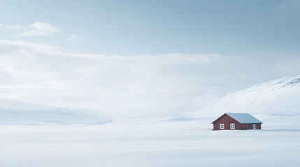 A vast snowy expanse with only a single wooden cabin visible in the distance surrounded by snow-covered hills and the pale winter sky stretching endlessly overhead.