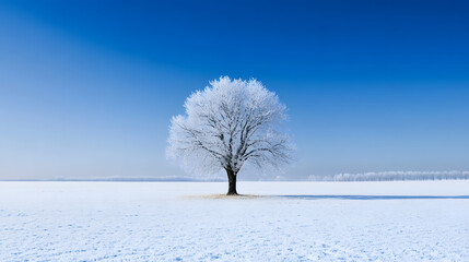 A wide open snowy field with a single tree standing in the middle its branches heavy with frost and snow and the sky above a deep winter blue.