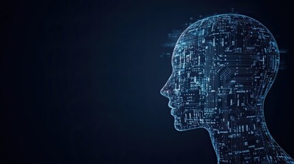 Obraz premium Side Profile of an AI Head Composed of Digital Circuit Patterns, Symbolizing Advanced Technology and Machine Learning with Binary Code in the Background