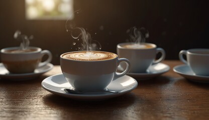 Obraz premium Steaming cups of coffee on table with latte art in cozy light.