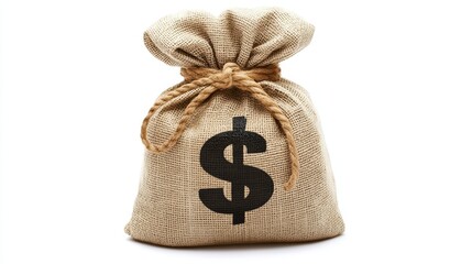 A classic image showing a burlap money bag tied with rope, prominently featuring a dollar sign