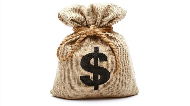 A classic image showing a burlap money bag tied with rope, prominently featuring a dollar sign
