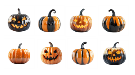 Isolated set of halloween pumpkins with scary smile. PNG clipart for spirit night cards, decoration and sticker printing