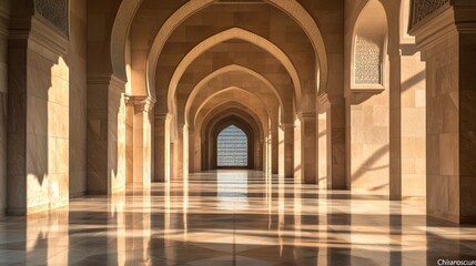 A stunning architectural photograph showcasing a beautifully lit archway with intricate designs and patterns in a grand hallway, reflecting light elegantly on the polished floor.