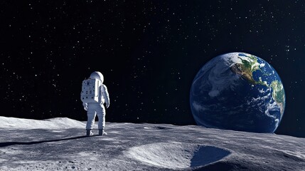 Obraz premium Astronaut Standing on the Moon Gazing at a Large Earth-Like Planet in a Surreal Sci-Fi Scene