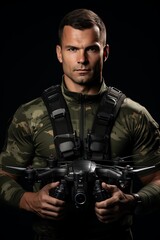 Fototapeta premium A military personnel holding a drone in a combat uniform against a dark background
