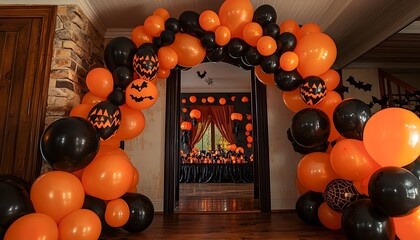 Festive balloon arch in orange and black marking a Halloween party entrance.
