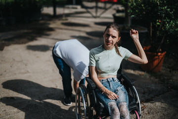 A young woman sitting in a wheelchair raises her hand while outdoors, with another person in the...