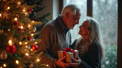 A couple joyfully shares a moment together, exchanging a beautifully wrapped gift by the glowing Christmas tree as snow gently falls outside