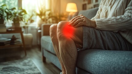 An elderly person sits on a couch in a warmly lit living room, touching their knee which is highlighted to indicate pain, surrounded by plants and home decor.