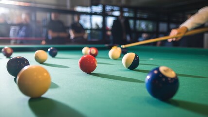 Exciting Pool Game in Progress With Colorful Balls and Focused Players During a Lively Evening Gathering. Generative AI