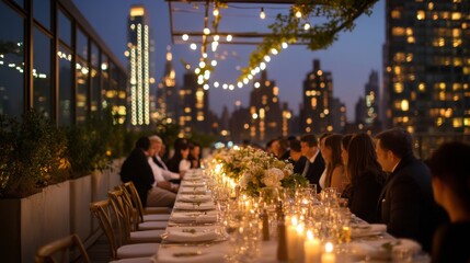 A beautifully set long table with elegant tableware and floral arrangements, surrounded by diners, on a rooftop terrace with a stunning city skyline at night, lit by string lights.