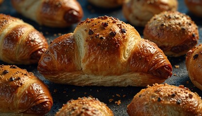 Freshly baked croissants on a baking tray, sprinkled with seasoning.
