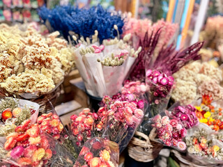 Many Colorful Bouquets For Sale, Natural Spring Floral Textured Aroma Background, Natural Floral Background Close Up Of Tender Pastel Colored Blooming Spring Flowers Macro Shot
