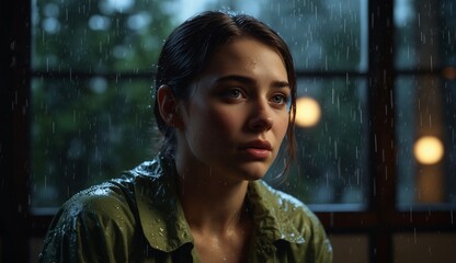 Fototapeta premium Woman in raincoat looks thoughtful as raindrops fall outside