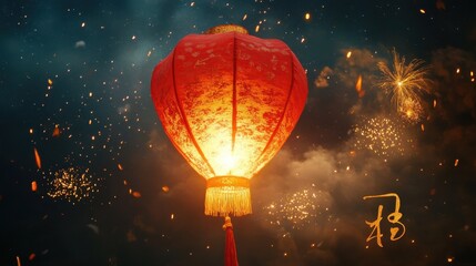 Obraz premium Red Chinese Lantern with Fireworks and Calligraphy in Night Sky