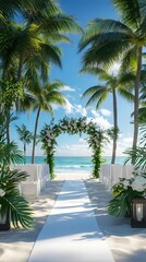 Fototapeta premium Beautiful blue and white wedding aisle by beach picture
