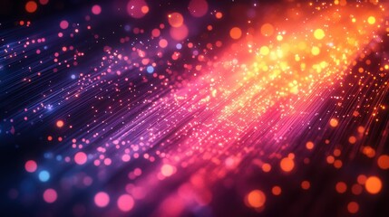 Obraz premium Vibrant streaks of glowing pink, orange, and purple lights creating a futuristic, abstract background with bokeh and motion blur effects, symbolizing digital technology and energy