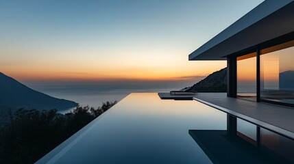 A luxurious modern house with an infinity pool overlooking the ocean at sunrise, capturing the serene and calm ambiance with a stunning view of the water and mountains.