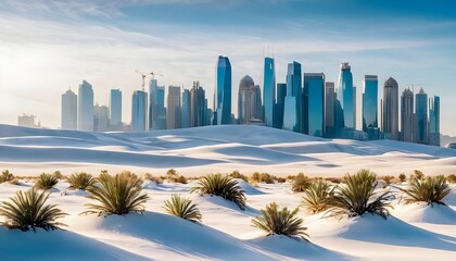 A serene view of shifting sand dunes with modern skyscrapers in the background during a sunny afternoon in a desert location. Generative AI