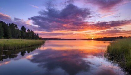 Stunning sunset over a calm lake with vibrant sky colors and serene reflections in the tranquil evening of late summer. Generative AI