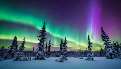 Mesmerizing display of northern lights over a snowy forest landscape at night in northern Canada. Generative AI