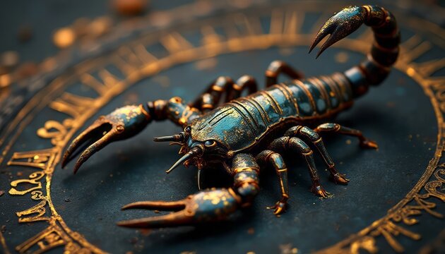 Mystical Scorpio Zodiac Symbol/ Intricate Metallic Scorpion Figurine on Astrological Clock - Capturing the Essence of October and November-born Individuals