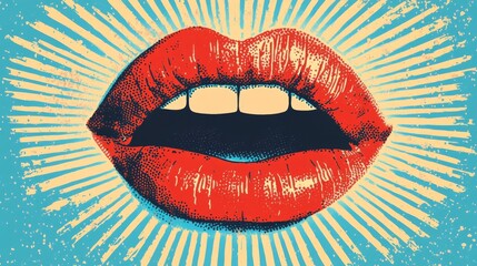 A vibrant pop art-inspired image showcasing a close-up of red lips with teeth, set against a radiant, sunburst background in a retro, textured style.