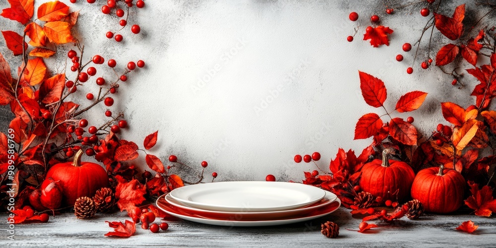 Canvas Prints happy thanksgiving day. festive empty plate and autumn leaves on a rustic wooden table and space for