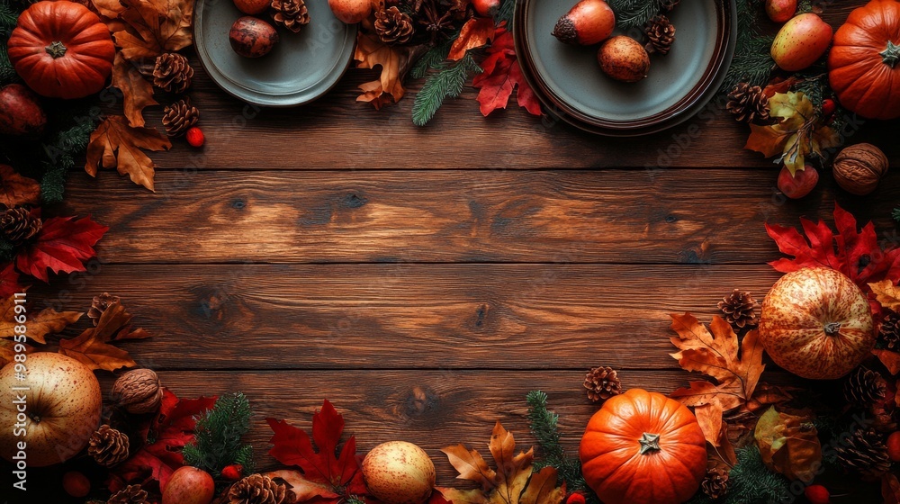Canvas Prints happy thanksgiving day. festive empty plate and autumn leaves on a rustic wooden table and space for