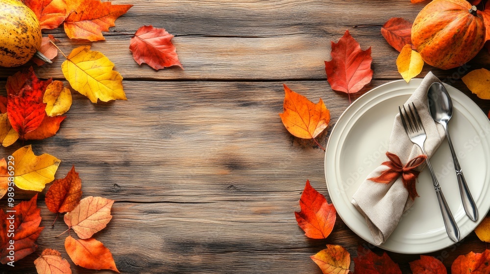 Canvas Prints happy thanksgiving day. festive empty plate and autumn leaves on a rustic wooden table and space for