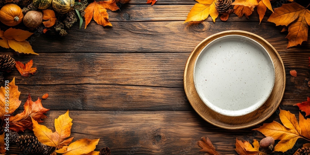 Canvas Prints happy thanksgiving day. festive empty plate and autumn leaves on a rustic wooden table and space for