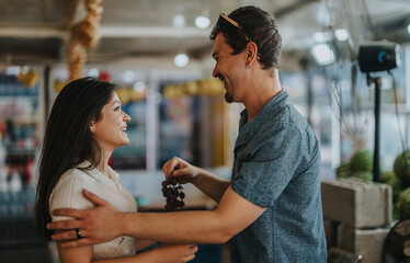 A cheerful moment of friends buying fresh fruits from a greengrocer. The atmosphere captures joy and togetherness in a vibrant market setting.