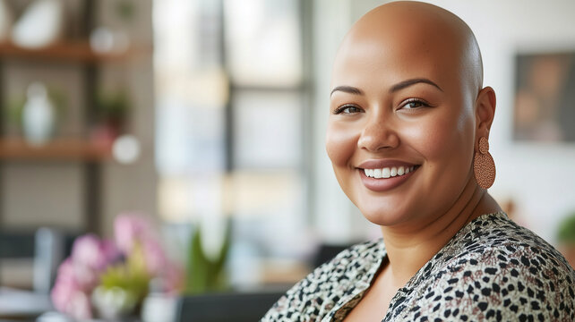 Bald plus size female office worker smiling; office environment; inclusive & diverse friendly workplace. Acceptance of diversity, body inclusive theme. Diversity themes poster concerning baldness, bea