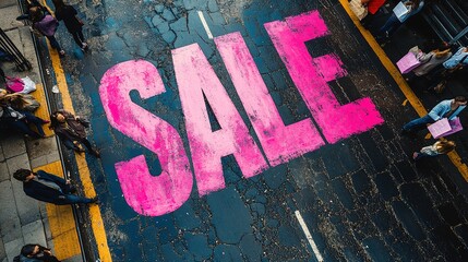 A close-up of a pink Sale inscription on the asphalt against a background of blurred people with colorful bags. The concept of discounts and sales