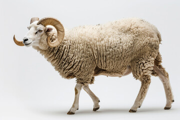 Fototapeta premium A ram with horns is walking on a white background