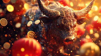 Obraz premium Ornate Golden Bull with Falling Coins and Red Ornaments