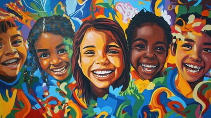 Bright mural created by local artists and children, showcasing themes of hope and togetherness