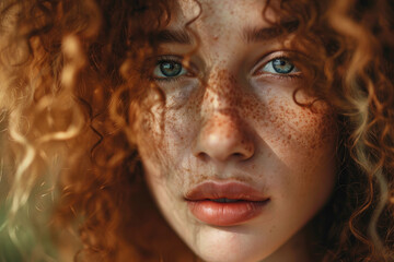 A woman with red hair and blue eyes