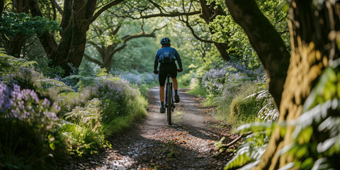 Happy woman cycling through a lush forest trail
