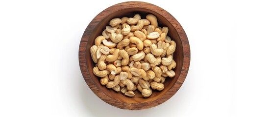 Fototapeta premium Salted Peanut In Wooden Bowl Isolated On White Background Top View