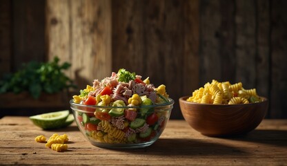 Fresh colorful pasta salad bowl with vegetables on a rustic wooden table.
