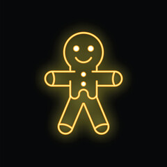 Yellow neon sign of a smiling gingerbread man on a black background