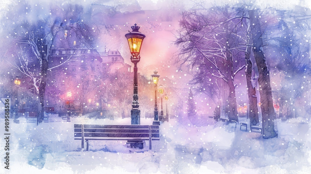 Wall mural Winter Bench and Street Lamp Watercolor Clipart