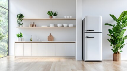 Fototapeta premium Minimalist kitchen with white cabinets, wooden floor, and indoor plants next to a retro fridge 