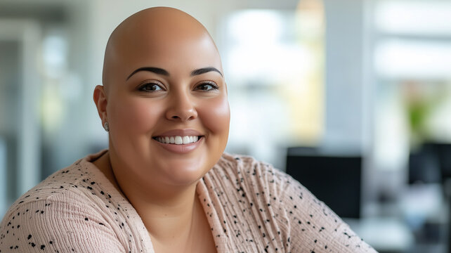 Bald plus size female office worker smiling; office environment; inclusive & diverse friendly workplace. Acceptance of diversity, body inclusive theme. Diversity themes poster concerning baldness, bea