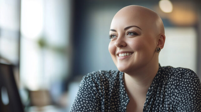 Bald plus size female office worker smiling; office environment; inclusive & diverse friendly workplace. Acceptance of diversity, body inclusive theme. Diversity themes poster concerning baldness, bea